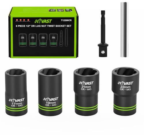 HYVAST 6PCS Lug Nut Removal Tool, 1/2 Drive Bolt Extractor Set | Impact twist socket set, 17mm, 19mm, 21mm & 22mm lug nut extractor set, for damaged, frozen & rusted lug nuts, CR-MO Steel