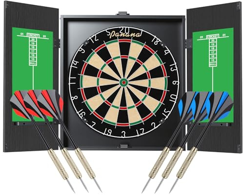 Panana Steel Tip Dartboard Cabinet Set with 6 Darts, Regulation Size Sisal Bristle Board, Green Scoreboards, Black Cabinet, Home Bar Game Room