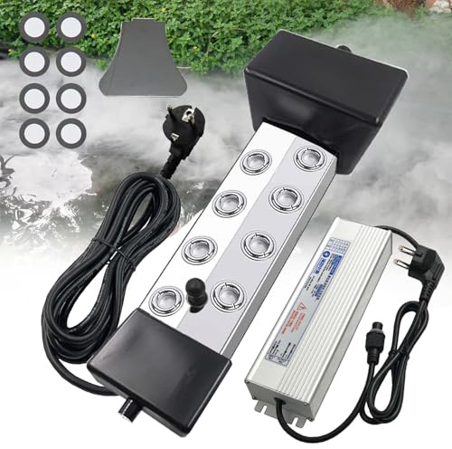 Nebulizzatore, umidificatore a ultrasuoni, 6 l/h, 8 teste, con alimentatore impermeabile da 300 W, IP67, cavo di alimentazione da 5 m, spina europea, galleggianti e dischi atomizzatori per giardino