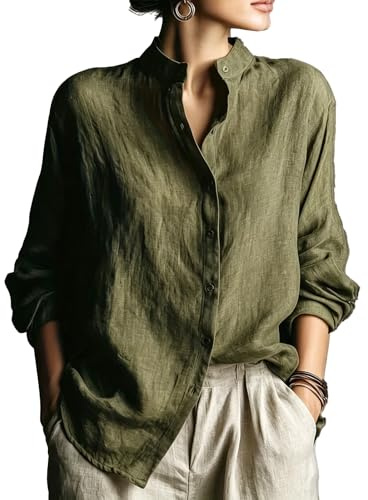 Olive Green Shirt for Women, Stand Collar Long Sleeve Button Down Blouse | Casual Loose Button down Blouse for Work