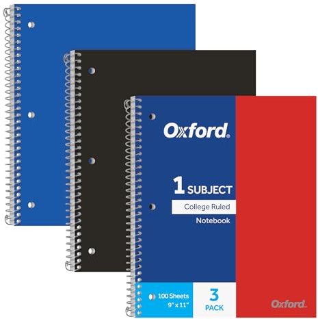 Oxford Spiral Notebooks, 1 Subject, College Ruled Paper, Durable Plastic Cover, 100 Sheets, Durable Divider Pocket, 3-Hole Punch, 3 Pack, Red, Black and Blue (10390)