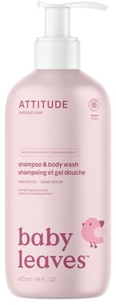 ATTITUDE 2-in-1 Hair Shampoo and Body Wash for Baby, Plant and Mineral-Based Gentle Formula, EWG Verified, Vegan Baby Products, Unscented, 473 mL