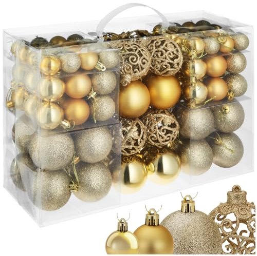 tectake® Set Palline di Natale 100 pz, 3/4/6cm, Set 100 Decorazioni Natalizie, Sfere Natalizie Plastica infrangibile per Albero di Natale, Articoli Natalizi, Addobbi Natalizi Oro, Gancio Dorato - Oro