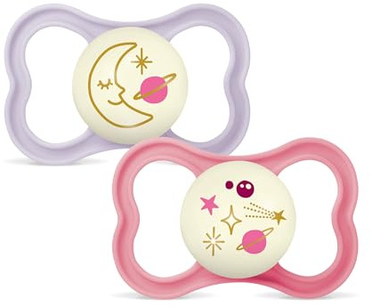 MAM Schnuller mit belüftetem Schild, der im Dunkeln leuchtet, ab 16 Monaten, mit symmetrischem Sauger, flach und flexibel, leicht anzunehmen, mit selbststerilisierender Box, MAM Air, Mattrosa, 2 Stück