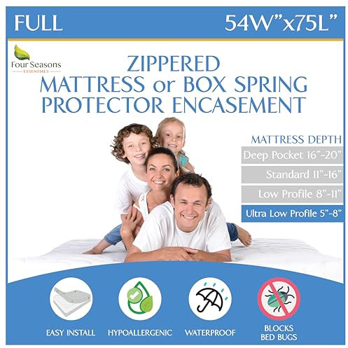 Full Size Mattress or Box Spring Encasement (5 to 8 Depth) - Low Profile Waterproof Zippered Protector Hypoallergenic Premium Bed Cover Protects from Dust Allergens