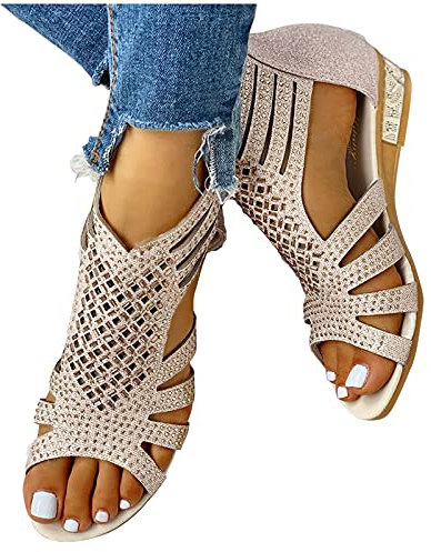 Hufu Women's Crystal Gladiator Sandals, Ladies Fashion Open Toe Sandals, Boho Rhinestone Cut Out Back Zip Up Sandals Shoes, Breathable and Non Slip Wedge Sandal Beach Sandal, Beige, 6.5