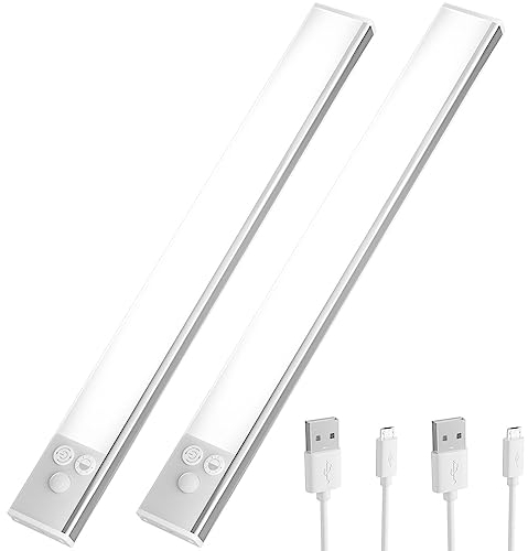 OUSFOT Schrankbeleuchtung LED mit Bewegungsmelder 30cm [2 Stück] kabellos Schrankleuchte USB Wiederaufladbar Unterbauleuchte Schranklicht für Treppen, Schlafzimmer, Kleiderschrank Silber