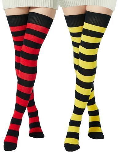 BABAHU Chaussettes montantes extra longues en coton à rayures pour femme, Y-Noir/Jaune & Noir/Rouge, Taille unique