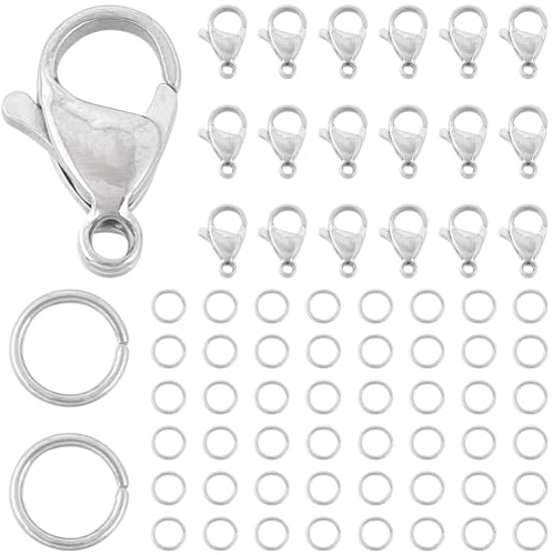 SUNNYCLUE 1 låda med 150 stycken karbinhakar i rostfritt stål, öppna ringar, 50 stycken smyckeslås 15 x 9 mm, armbandskontakter, klämlås, 100 st. 8 mm hoppringar, lås