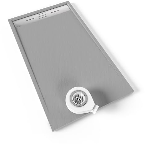 Moments of Glass Plato de ducha SMC Hiemal 140x80 cm, Gris RAL 7030 – Antiderrapante, Textura Pizarra, Antibacteriano, Resistente a agentes químicos – Incluye válvula y rejilla Inox