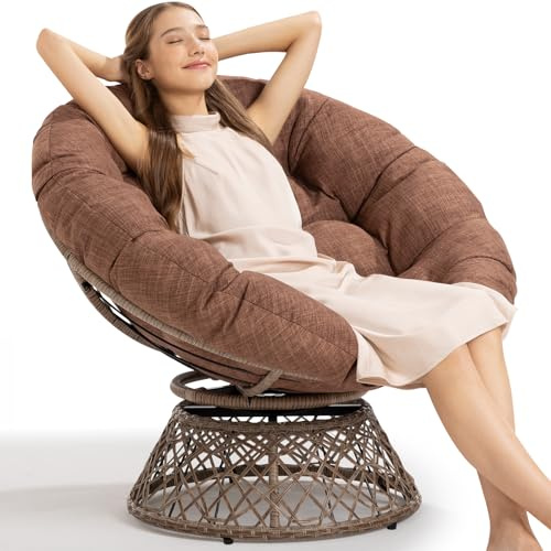 Bme 40 Ergonomic Wicker Papasan Chair with Soft Thick Cushion & Frame, 360° Swivel & Circle, Reading, Comfy Chair for Living Room, Bedroom, Cinnamon Mocha - Brown Base