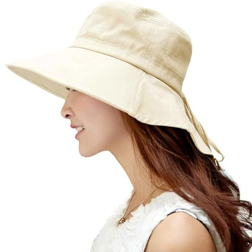 Comhats Chapeau de soleil pour femme - Protection solaire UPF 50 - Avec protection de la nuque - Large bord - En coton, 1005_Beige, XL