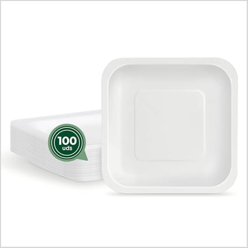 Maxi Products - 100 Platos de Cartón Desechable - 23 x 23 cm - Plato Vajilla - Plato Cuadrado Cartón Desechable - Platos para Catering, Eventos y Celebraciones - APTO ALIMENTARIO