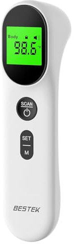 BESTEK Fieberthermometer Baby Kontaktlos Stirnthermometer,Digitales Infrarot Thermometer für Erwachsene Baby mit Genaue Messungen,Fieberalarm, LCD Anzeige, Schalter °C oder °F, 35 Speicherabruf (Weiß)