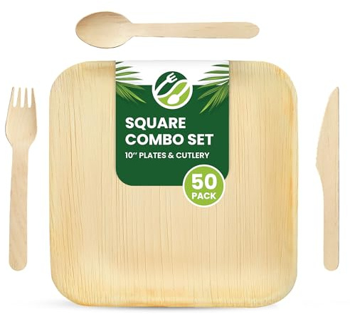 Eco Leaf 200pcs Disposable Palm Leaf Plates and Wooden Cutlery Set – 50 Large Square Plates, 50 Forks, 50 Knives, 50 Spoons – Eco-Friendly, Biodegradable, Perfect for Parties, Events