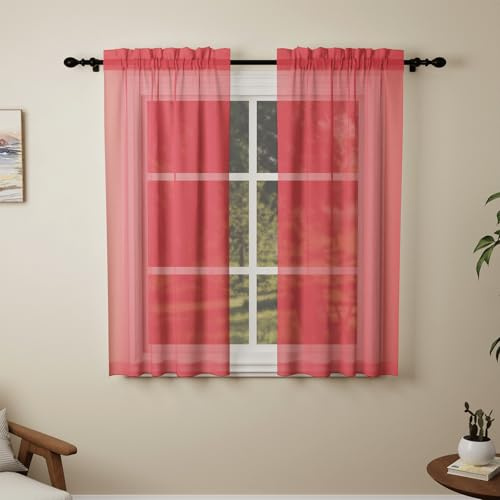 Pacok Red Voile Curtains 54 Drop, 2 Panels Rod Pocket W56xL54 Inch
