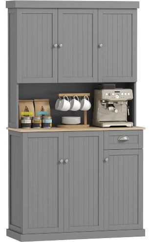 HOMCOM 180cm Kitchen Cupboard with 6 Doors, 101cm Wide, Drawer, Grey | Modern Kitchen Storage Cabinet, Microwave Oven Countertop, Adjustable Shelves, Cable Hole