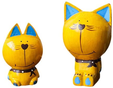 HuadaXtai Statuette di gatti in legno intagliate a mano, decorazioni per librerie, statuette di gattini per scrivania, ufficio, casa, armadietto, sala da pranzo, Giallo