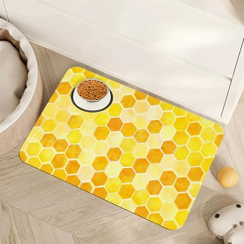 Honeycomb Bee Geometric Dog Food Mat for Floors,Absorbent Quick-Dry Pet Feeding Mat,Cat Dog Bowl Mats for Food and Water,Non-Slip Pet Accessories Supplies 16x24
