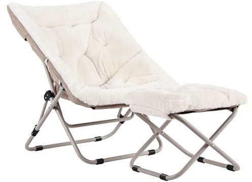Tiita Folded Chair with Straight Ottoman, Soft Faux Fur Oversized Folding Accent Chair,Lazy Chair, Metal Frame Moon Chair for Bedroom, Living Room, Dorm Rooms, Garden and Courtyard, Beige