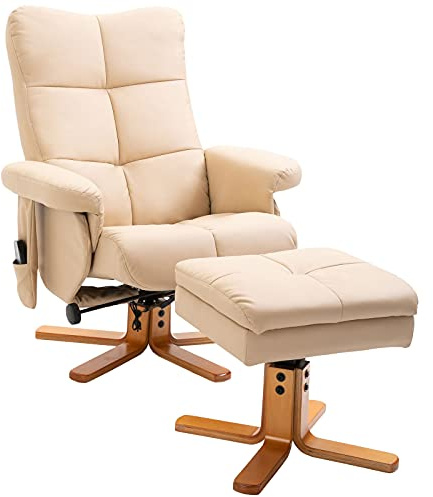 HOMCOM Sillón de masaje con reposapiés, sillón de salón giratorio 360°, respaldo reclinable, mando a distancia, bolsillo lateral, almacenamiento oculto, tapizado PU, sillón de salón TV, color crema