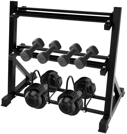 Hantelställ med 3 nivåer, 300 kg kapacitet, justerbart hantelställ stål, hantelställ för gymmet hemma, svart (endast stativ)