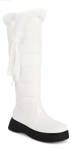 Stivali Invernali Alti Fino Al Ginocchio Con Colletto In Peluche Boots Da Neve Caldi E Foderati Da Donna Stivali Slip-on In Pelle PU Con Gambale Lungo Scarpe In Cotone Con Plateau(White,39 EU)