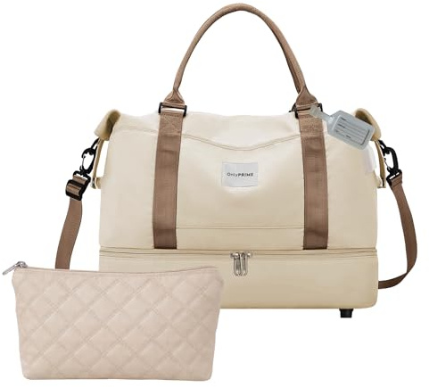 OnlyPrime Bolsa de Viaje Mujer 40x30x20 con Acceso USB – Bolso Cabina Avión, Deporte, Maternidad, Gimnasio o Fin de Semana. (Neceser Beige)