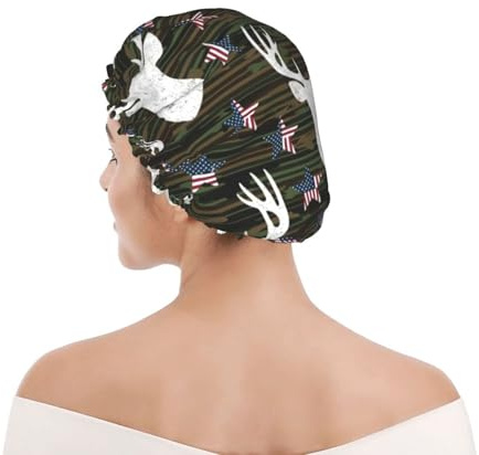 Bonnet de Douche Femme Camouflage cerf cool drapeau américain noir pour la | chasse Bonnet de Douche pour hôtel Douce Charlotte Cheveux Réutilisable Bonnet de Bain pour natation salon