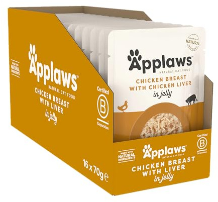 Applaws Natural Aliment humide pour chats adultes Poulet et Foie en gelée - 16 pochons de 70 g