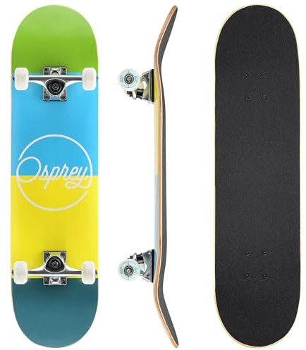 Osprey | Complete Skateboard, 31 x 8 Double Kick Skateboard for Kids and Adults, Concave Deck, Includes Grip Tape, Deck and Wheels, Blocks Multiple Designs
