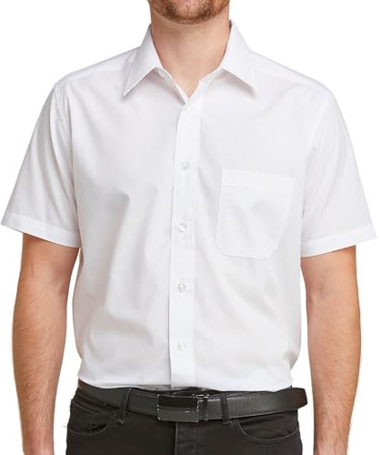 Double TWO Men's Short Sleeve Dress Shirt Easy Care Classic Fit Formal Plain Business Shirt - White, 16.5in Collar