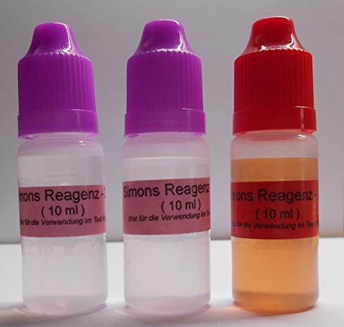 Snabbtest för läkemedel och ämnestestare med färgskala – testkit 2 – Simons reagens (2 x 10 + 10 ml) – Simons test – för ca 100 applikationer – Ecstasy, MDA, MDMA, MDE
