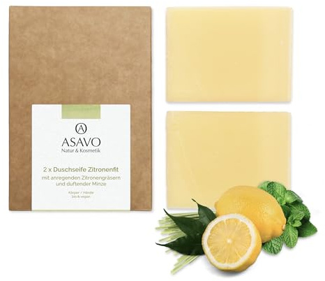 ASAVO Premium Naturseife Zitronenfit BIO, handgemachte Seife mit Bio-Karitébutter, mit dem Duft von Zitronengras & Minze, vegan, 2x95g