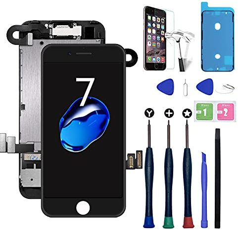 Xlhama Ersatzbildschirm Touchscreen LCD Display kompatibel für iPhone 7 Schwarz 4,7'' mit Reparaturwerkzeug, Frontkamera, Proxidationssensor, Lautsprecher, Folie aus Hartglas