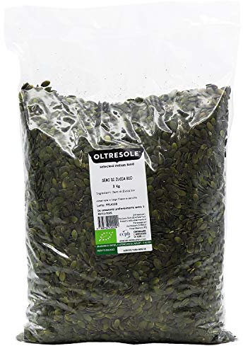 Oltresole, Graines de courge décortiquées biologiques 3 Kg, Graines oléagineuses crues biologiques, NON GRILLÉES ET NON SALÉES, idéales comme collation ou pour les salades, format pratique