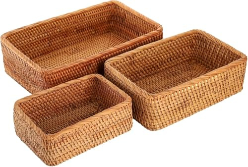ZENFUN 3 Pack Natural Rattan Storage Baskets, Rectangular Woven Fruit Baskets for Decor, Handmade Woven Nesting Bread Baskets for Organizing, Serving, for Kitchen, Home, 3 Sizes