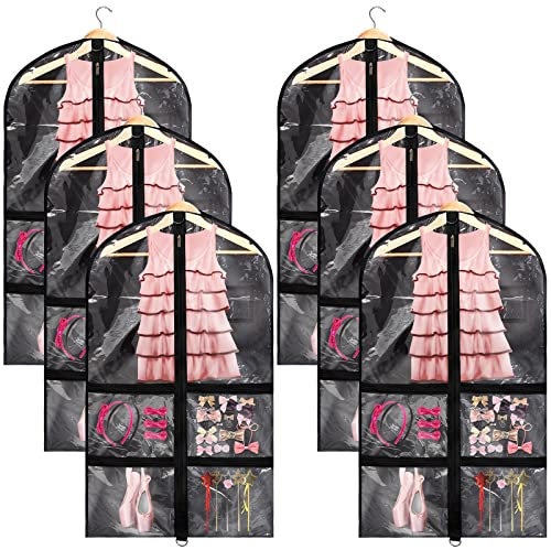 Nuenen 6pcs Garment Bags for Dance Costume Clothing Bags Hanging Clothes Clear Dance Garment Carrier for Dancers with 5 Zipper Pockets Closet Hanging Clothes Cover (Black)