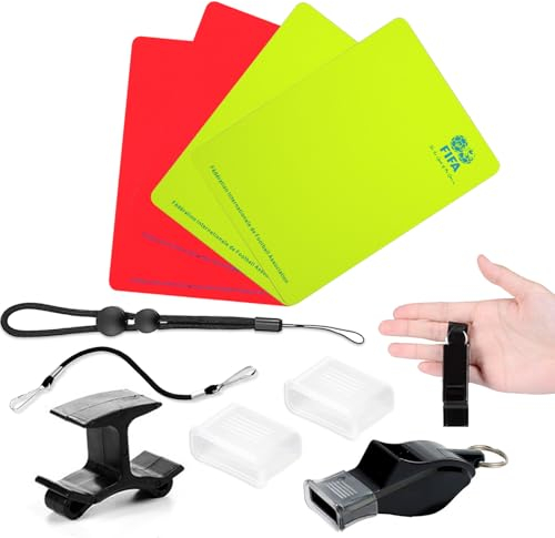 XSYKJGS Schiedsrichter Set, Fußball Schiedsrichter Karten Set mit 4 PVC Rote Gelbe Karte, Pfeifen-Schlüsselband, Kurzes Schlüsselband, Doppelclip für Fußballspiel Schulsport Sport
