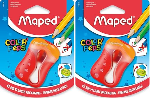 Maped - Taille-Crayon Color’Peps - 2 Trous - avec Réservoir pour Crayons de Couleur - Taille Arrondie - Avec Capot de Protection - Coloris Aléatoire (Lot de 2)