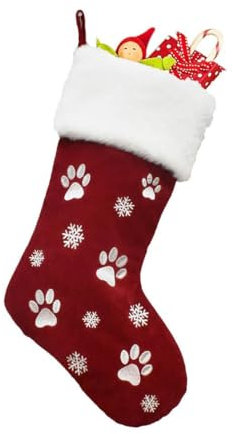 RXXR 1 Grande Calze Natalizie 17.8 inch Calze di Natale da Appendere Calze Natalizie Rosso Natale Calze Regalo Decorazione per Stampa di Zampe di Cane Ricamato Calza Natale, Materiale in Velluto