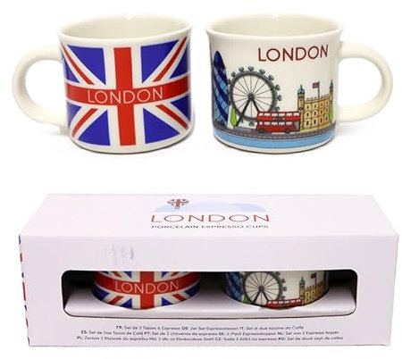 Puckator Set di 2 Tazzine da Caffè in Porcellana - Londra - Icone, Regno Unito, Adatta al Microonde, Confezione Regalo