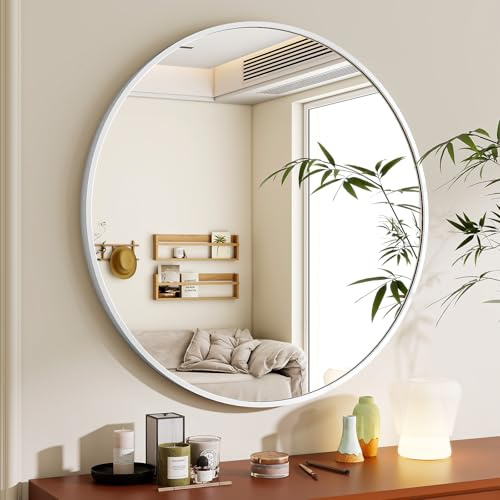 BEAUTYPEAK Espejo redondo de 60 cm en blanco, decorativo de pared con marco de aluminio, a prueba de roturas para colgar y apoyarse, para dormitorio, baño