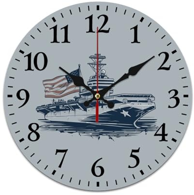 US Ship Naval Boat with American Flag PVC Wall Clock Silent Non Ticking Clock Decoration for Home Office 30cm/11.8in Black-Style
