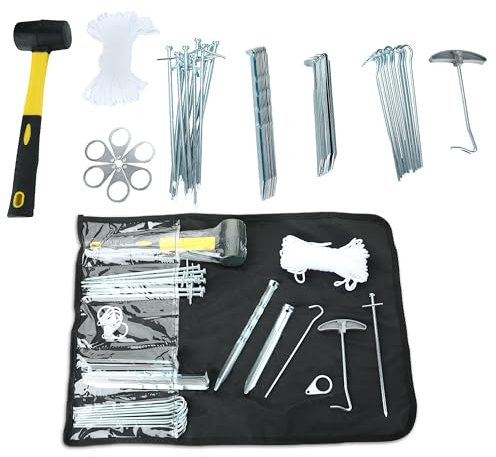 Zeltzubehör Set in praktischer Aufbewahrungstasche 50 Teile - 40 Heringe Heringzieher Campinghammer Abspannseil Seil-Schnalle Campingzubehör Bodenanker Zeltnagel Erdnagel