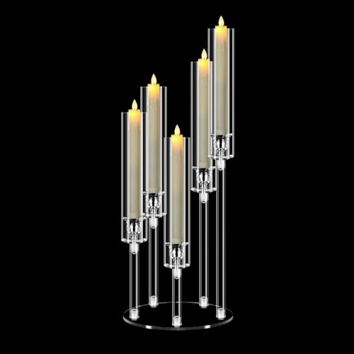 Candelabro Singolo in Acrilico 5 Bracci, Portacandele Alto 58 cm, Centrotavola per Matrimonio e Natale, Decorazione per Tavolo Camino o Festa, per Candele LED 2 cm