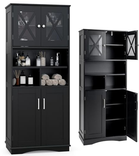 LIFEZEAL Badezimmerschrank Hoch, Freistehender Badschrank mit 4 Türen, Hochschrank mit verstellbaren Regalen, Küchenschrank Organizer für Küche, Bad, Wohnzimmer, 60 x 30 x 145 cm (Schwarz)