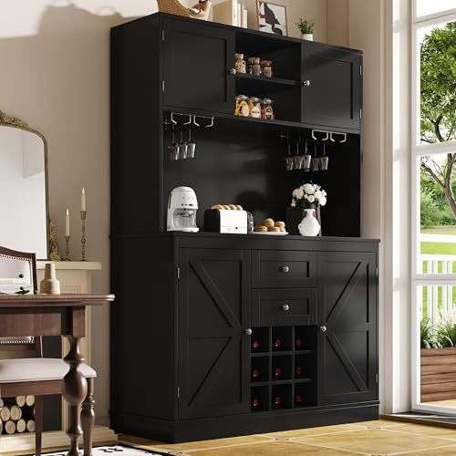 LinoraFurn Küchenschrank mit verstellbaren Ablagen & Weinregal, Hochschrank Küchenbuffet mit 4 Türen & 2 Schubladen, Sideboard für Küche & Wohnzimmer, Buffetschrank (Schwarz)