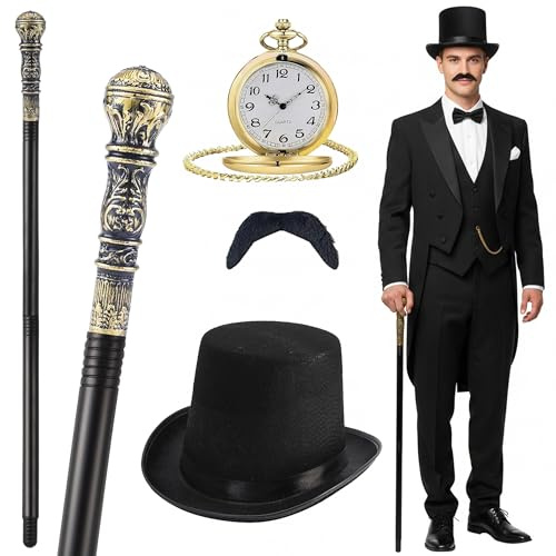 Wylario Victorian Style Fancy Dress Costume - Vintage Role Play Accessory Set with Cane, Top Hat, Pocket Watch and Moustache for World Book Day Adult Mens