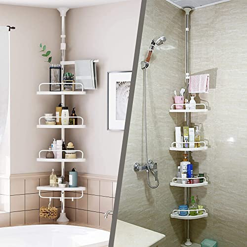 Denny International® 120-300cm 4 Tier Adjustable Stainless Telescopic Bathroom Shelf Organiser Plastic Corner Rack Home Storage Shower Holder Rack Caddy - Heavy Duty